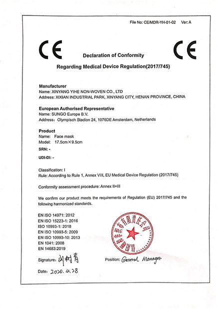 China Xinyang Yihe Non-Woven Co., Ltd. Certificações